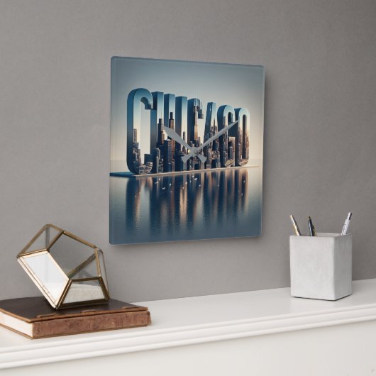 シカゴシティウォーター反射 スクエア壁時計 (オフィス)