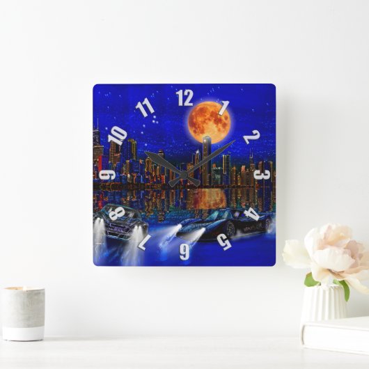 シカゴシティスカイラインと通りレーシングカー スクエア壁時計 (ホーム)