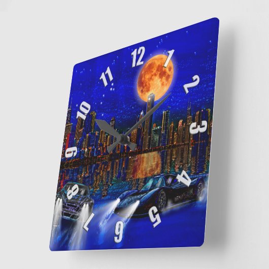 シカゴシティスカイラインと通りレーシングカー スクエア壁時計 (傾斜)