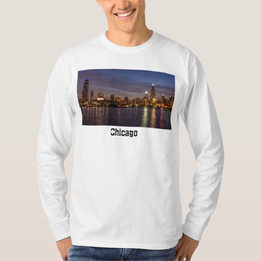 シカゴシティスケープ夜長袖Tシャツ Tシャツ (正面)