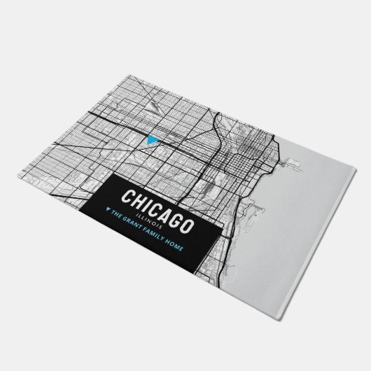 シカゴシティーの地図+自宅の場所をマーク ドアマット (アングル)