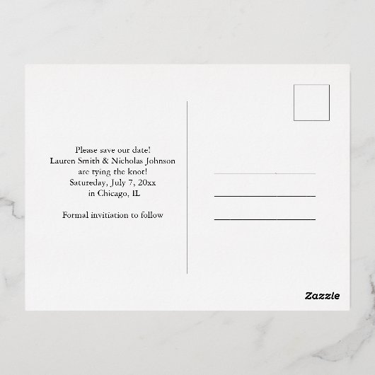 シカゴスカイラインの結婚式の日付を保存 箔招待状ポストカード (裏面)