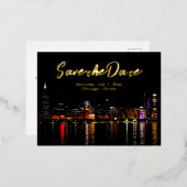 シカゴスカイラインの結婚式の日付を保存 箔招待状ポストカード (正面/裏面)