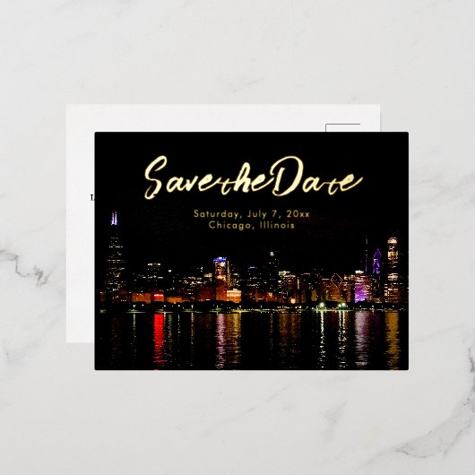 シカゴスカイラインの結婚式の日付を保存 箔招待状ポストカード (正面/裏面)