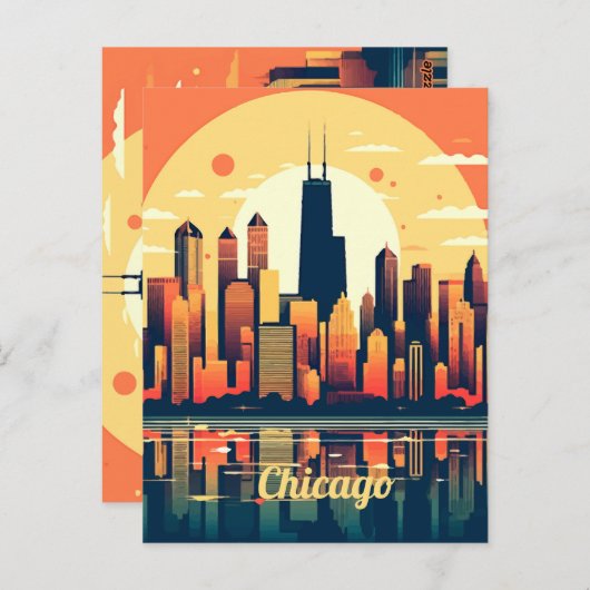 シカゴスカイラインイラストレーションインオレンジ ポストカード (正面/裏面)