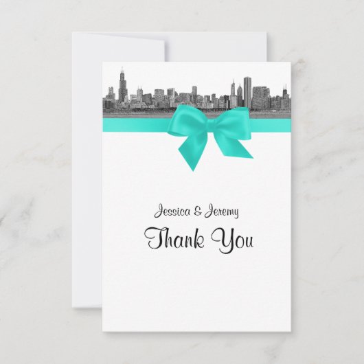 シカゴスカイラインエッチングBWアクアありがとう サンキューカード (正面)