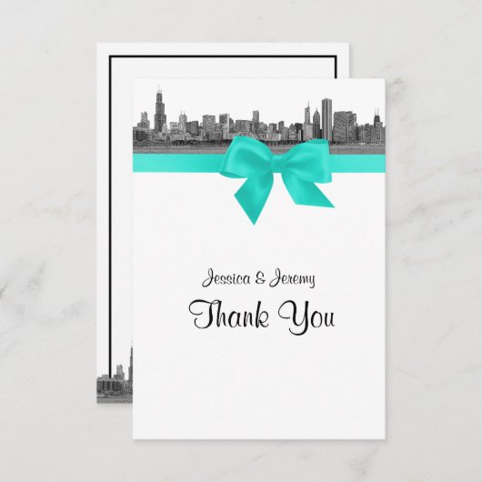 シカゴスカイラインエッチングBWアクアありがとう サンキューカード (正面/裏面)