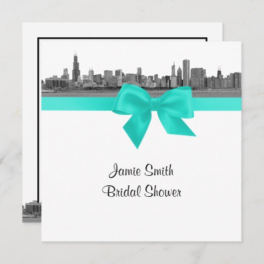 シカゴスカイラインエッチングBWアクアブライダルシャワーS 招待状 (正面/裏面)