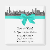 シカゴスカイラインエッチングBWアクア日付を保存 マグネット (正面)