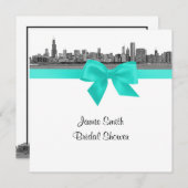 シカゴスカイラインエッチングBWアクアSQブライダルシャワー 招待状 (正面/裏面)