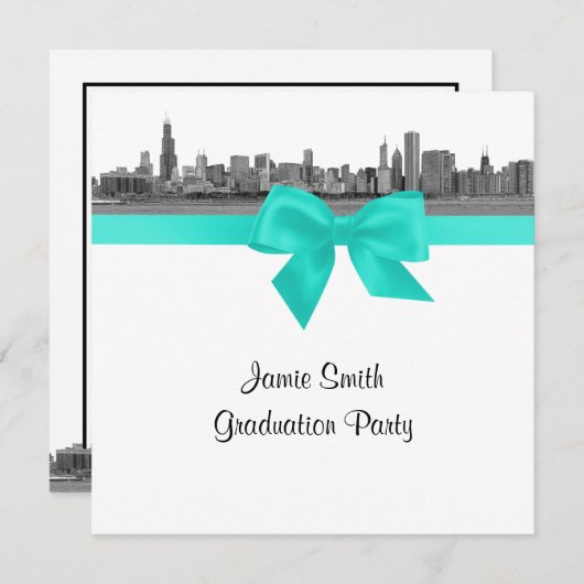 シカゴスカイラインエッチングBWアクアSQ卒業パーティー 招待状 (正面/裏面)