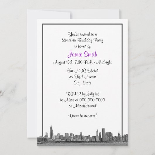 シカゴスカイラインエッチングBWパープルスウィート16 招待状 (裏面)