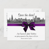 シカゴスカイラインエッチングBWパープル日付を保存 案内ポストカード (正面/裏面)