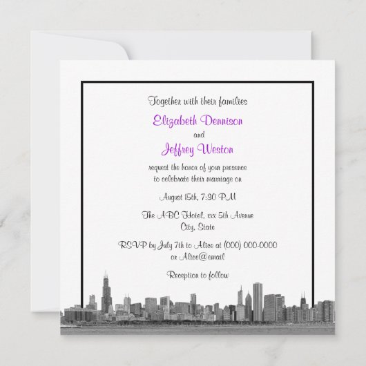 シカゴスカイラインエッチングBW SQパープル結婚ズ 招待状 (裏面)