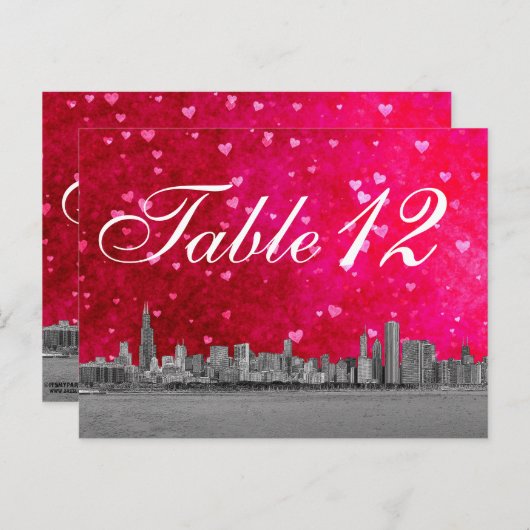 シカゴスカイラインホットピンク赤いハートテーブル番号 ポストカード (正面/裏面)