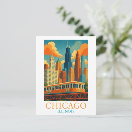 シカゴスカイラインヴィンテージアート – イリノイ ポストカード (スタンド正面)