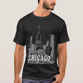 シカゴスカイライン - 黒と白のミニマリストシティグラフィック Tシャツ