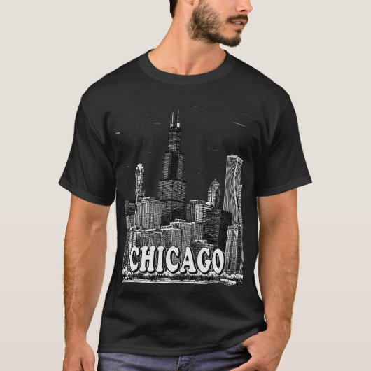シカゴスカイライン - 黒と白のミニマリストシティグラフィック Tシャツ (正面)