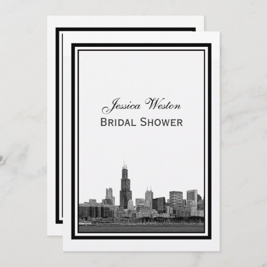 シカゴスカイライン#2エッチングフレームVブライダルシャワー 招待状 (正面/裏面)