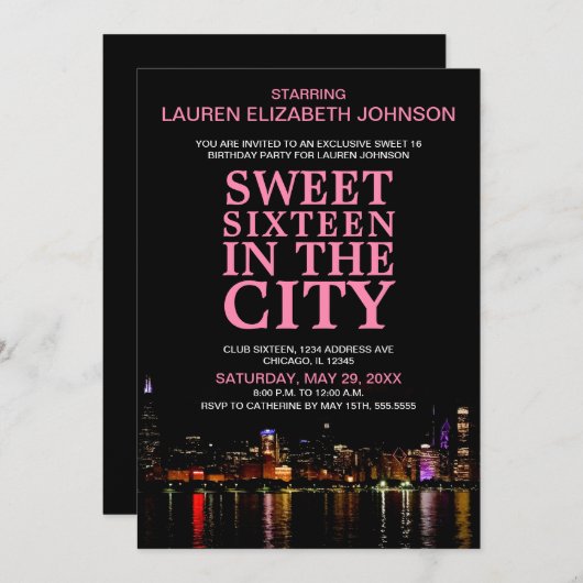 シカゴスカイラインSweet sixteen映画パーティー誕生日 招待状 (正面/裏面)