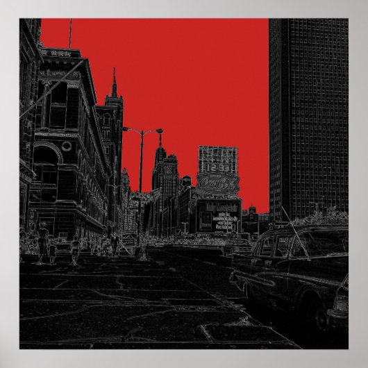 シカゴミシガンアベニュー1960年代白熱［赤熱］光を放つエッジブラック ポスター (正面)