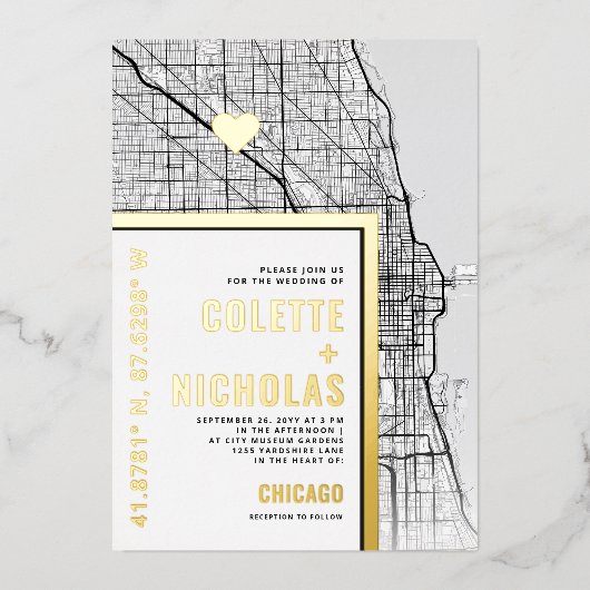 シカゴラブロケーター |シティテーマ結婚の 箔招待状 (正面)