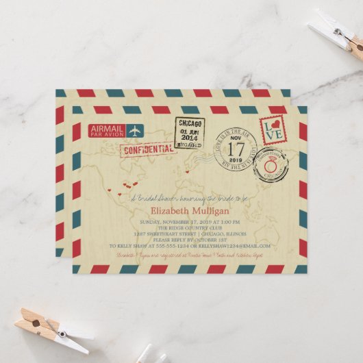 シカゴワールドトラベラーエアメール | ブライダルシャワー 招待状 (正面/裏面インサイチュ)