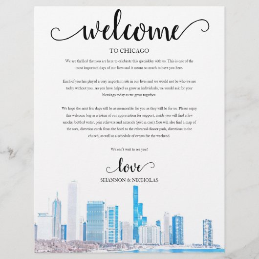 シカゴ冬のウェディングウィークエンドウェルカム旅程 (正面)