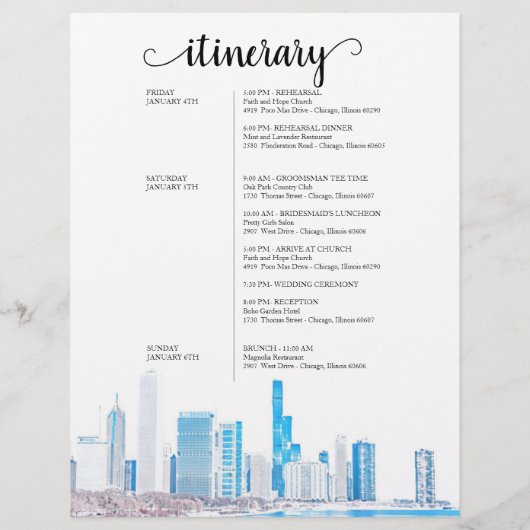 シカゴ冬のウェディングウィークエンドウェルカム旅程 (裏面)