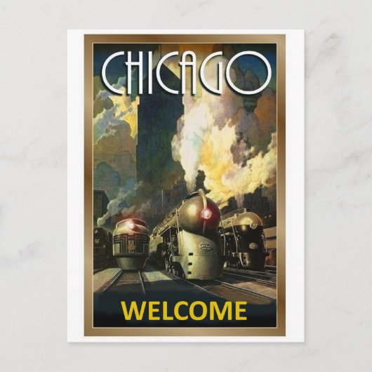 シカゴ市、蒸気機関車、鉄道ヴィンテージ旅行 ポストカード (正面)