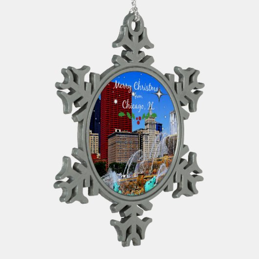 シカゴ発のメリークリスマス スノーフレークピューターオーナメント (左)