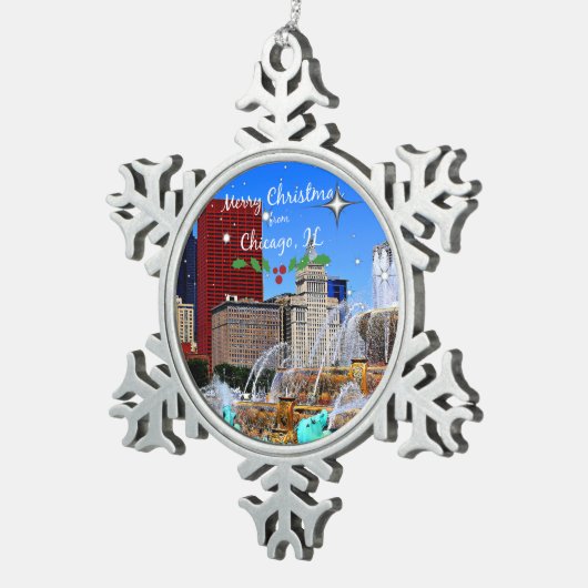 シカゴ発のメリークリスマス スノーフレークピューターオーナメント (右)