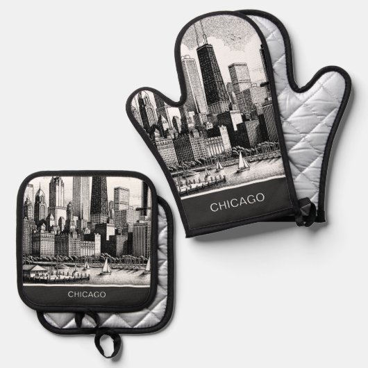 シカゴ白黒 鍋つかみ&鍋敷きセット (正面/裏面)