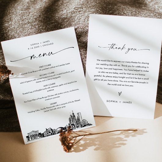 シカゴ結婚スカイラインのディナーメニューカード5x7