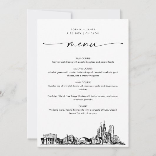 シカゴ結婚スカイラインのディナーメニューカード5x7 (正面)