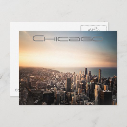 シカゴ・イリノイ市スカイラインの夕日 ポストカード (正面/裏面)