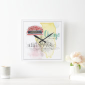 シカゴ、イリノイ|の水彩画のスケッチ スクエア壁時計 (ホーム)