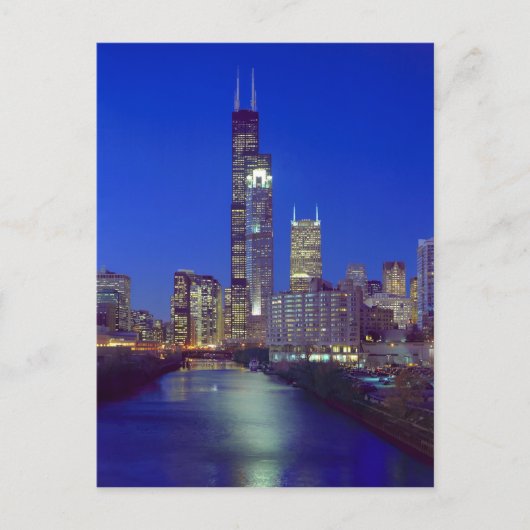 シカゴ、イリノイ、スカイラインと夜 ポストカード (正面)