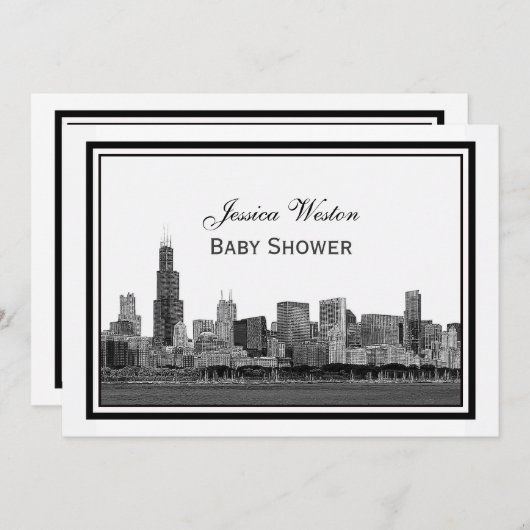 シカゴ・スカイラインが#2 Hベビーシャワーをエッチング 招待状 (正面/裏面)