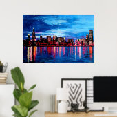 シカゴ・スカイラインの夜 ポスター (ホームオフィス)