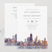 シカゴ スカイライン 水彩画 QR コード ウェディング 招待状 (正面/裏面)