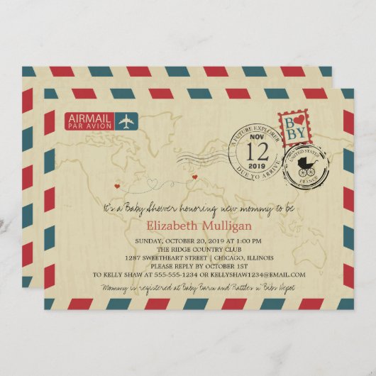 シカゴ/フランスエアメール | 赤ちゃんシャワー 招待状 (正面/裏面)