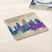 シカゴ、IL |の水彩画都市スカイライン スクエアペーパーコースター (アングル)