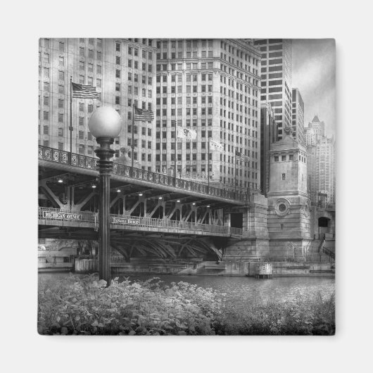 シカゴ, IL - 1920年建設のデュサーブル橋 - モノクロ マグネット (正面)
