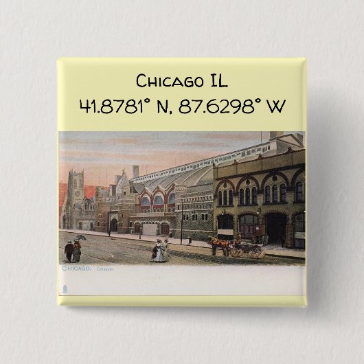 シカゴILマップ座標ヴィンテージスタイル 缶バッジ (正面)