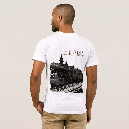 シカゴL 1950水彩画セピア写真地下鉄 Tシャツ (裏面フル)