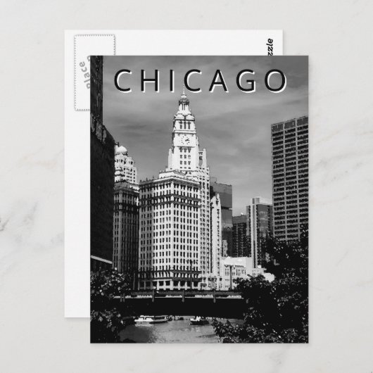 シカゴLTウィンドシティウォーターカラー白黒 ポストカード (正面/裏面)