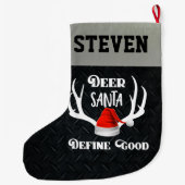 シカサンタはよいクリスマスの狩りの(雄ジカの)枝角を定義します ラージクリスマスストッキング (裏面)