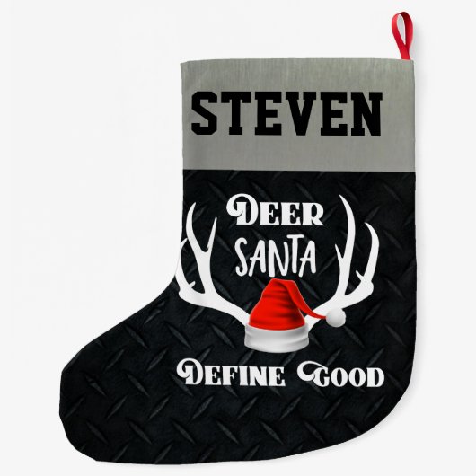 シカサンタはよいクリスマスの狩りの(雄ジカの)枝角を定義します ラージクリスマスストッキング (裏面)