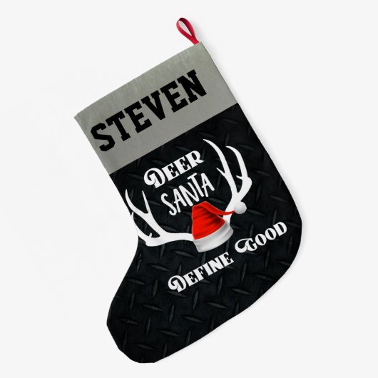 シカサンタはよいクリスマスの狩りの(雄ジカの)枝角を定義します ラージクリスマスストッキング (裏面 (吊り時))